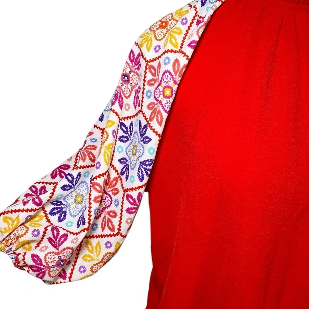 Haptics Red Women's Top with Multicolor Sleeves - Picture 5 of 12